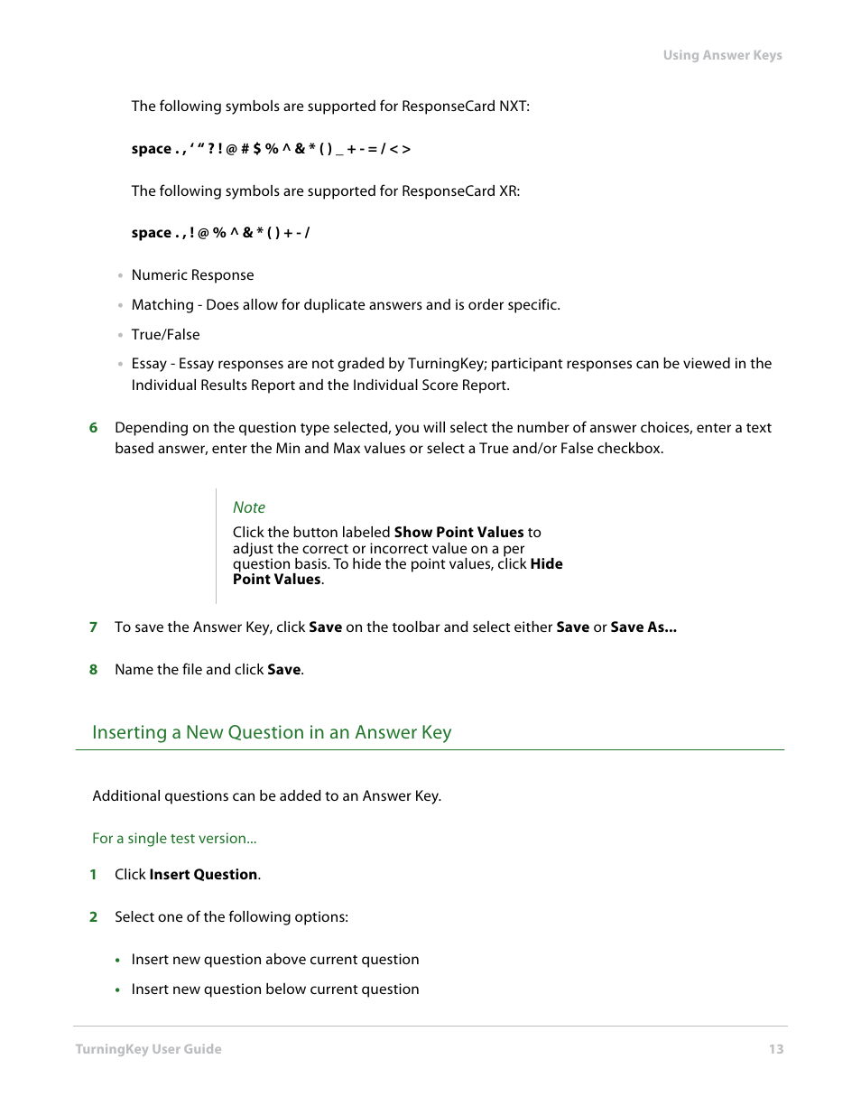 Inserting a new question in an answer key | Turning Technologies TurningKey User Manual | Page 13 / 35