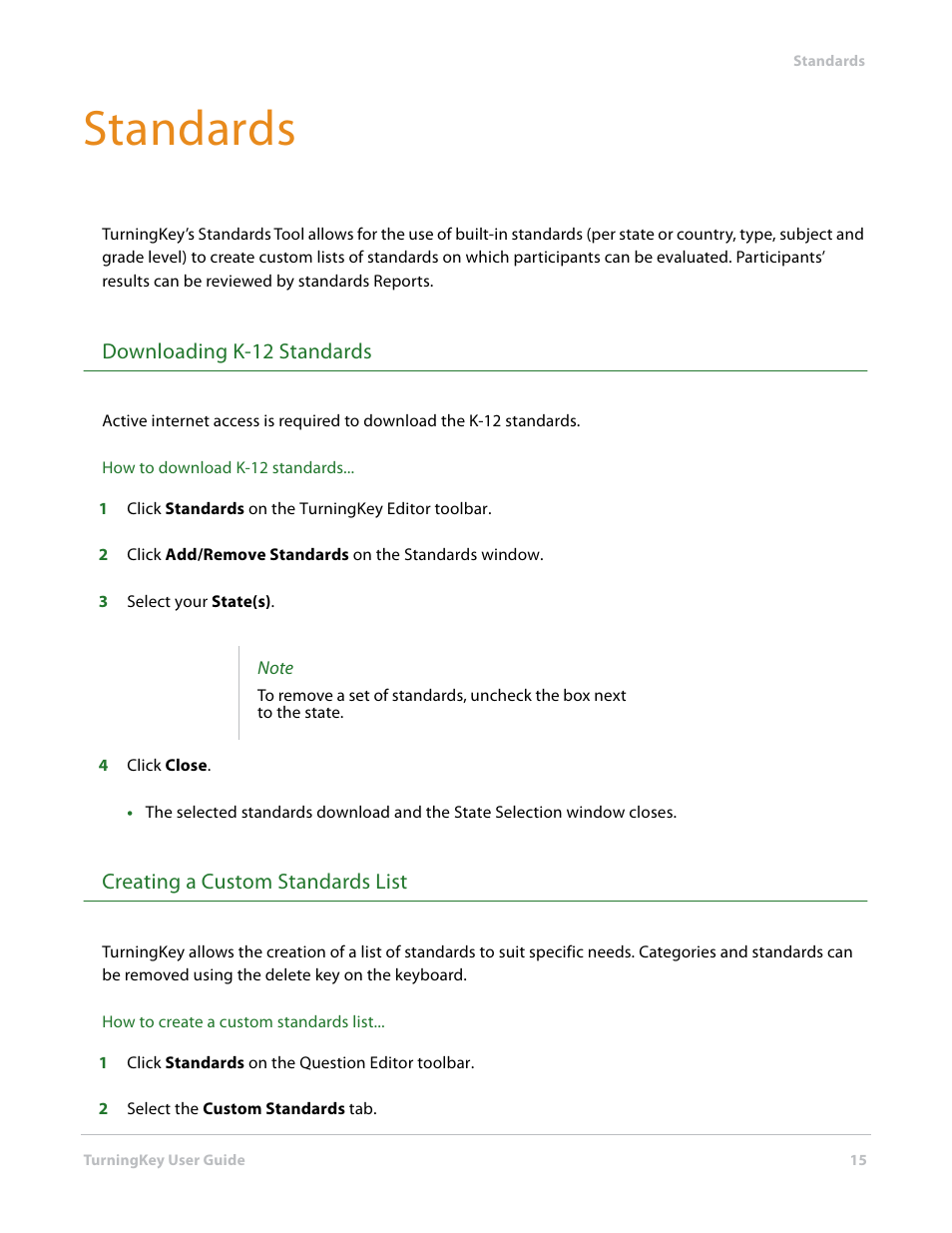 Standards, Downloading k-12 standards, Creating a custom standards list | Turning Technologies TurningKey User Manual | Page 15 / 35