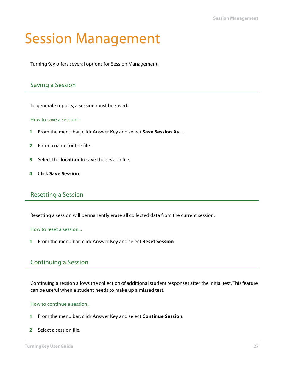 Session management, Saving a session, Resetting a session | Continuing a session | Turning Technologies TurningKey User Manual | Page 27 / 35