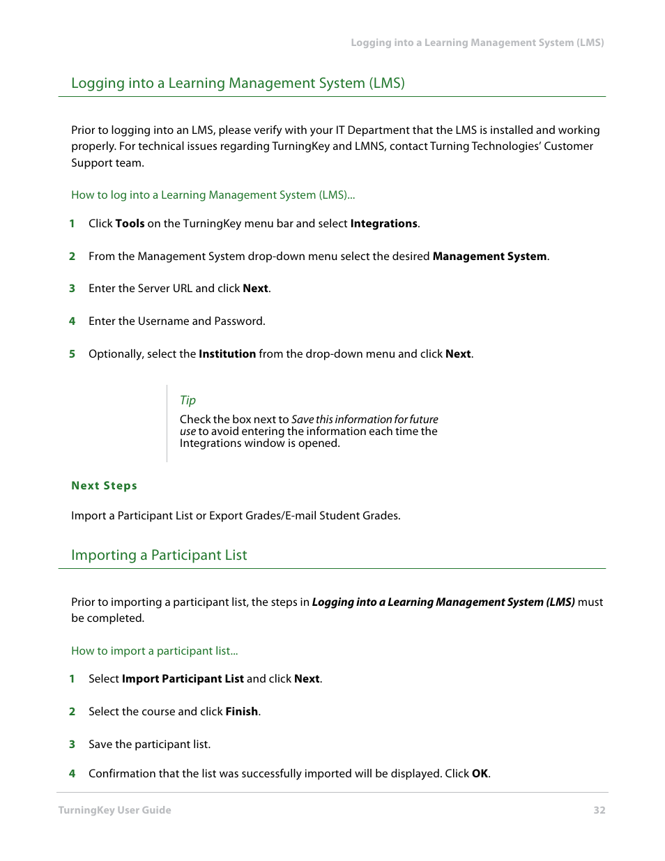 Logging into a learning management system (lms), Importing a participant list | Turning Technologies TurningKey User Manual | Page 32 / 35