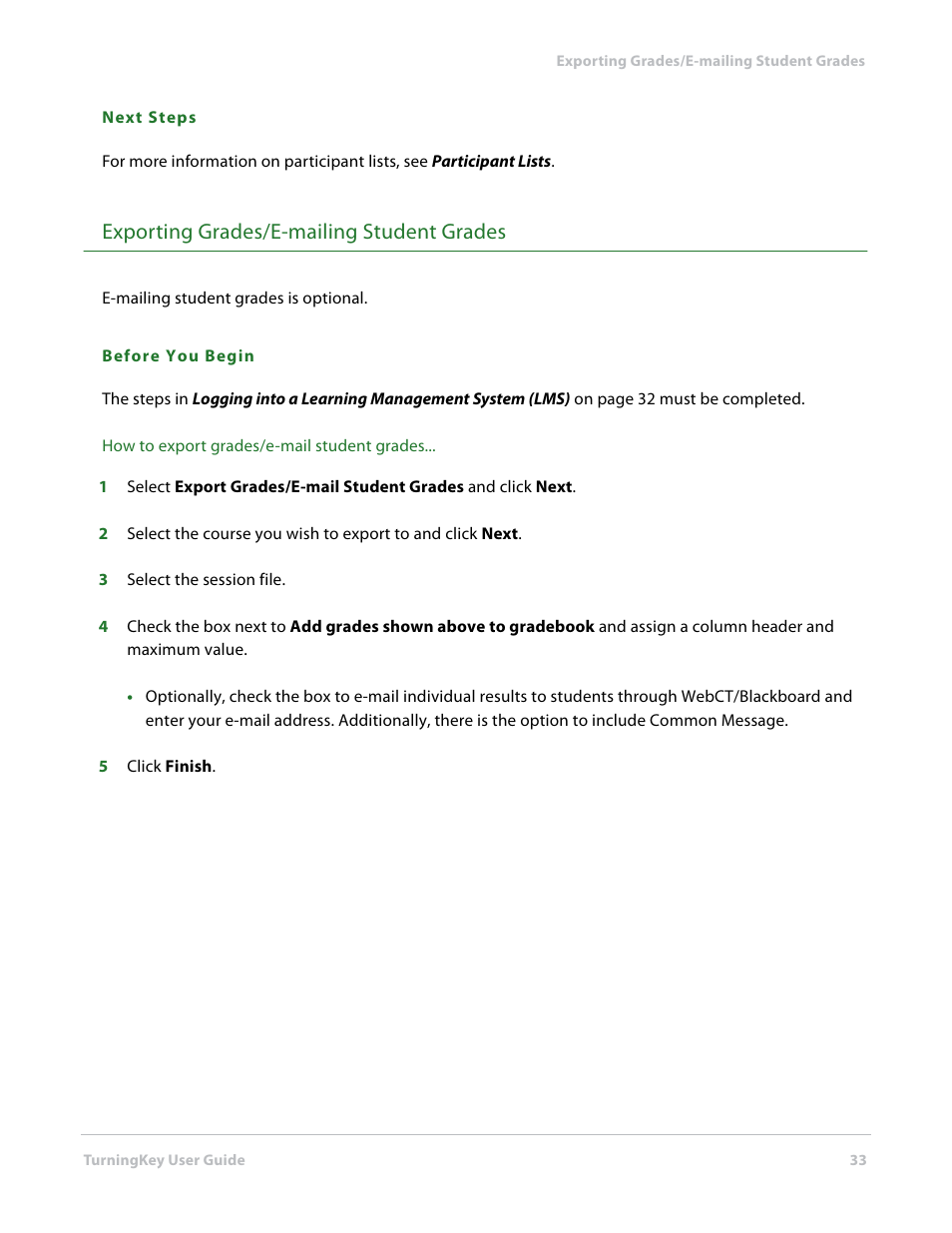 Exporting grades/e-mailing student grades | Turning Technologies TurningKey User Manual | Page 33 / 35