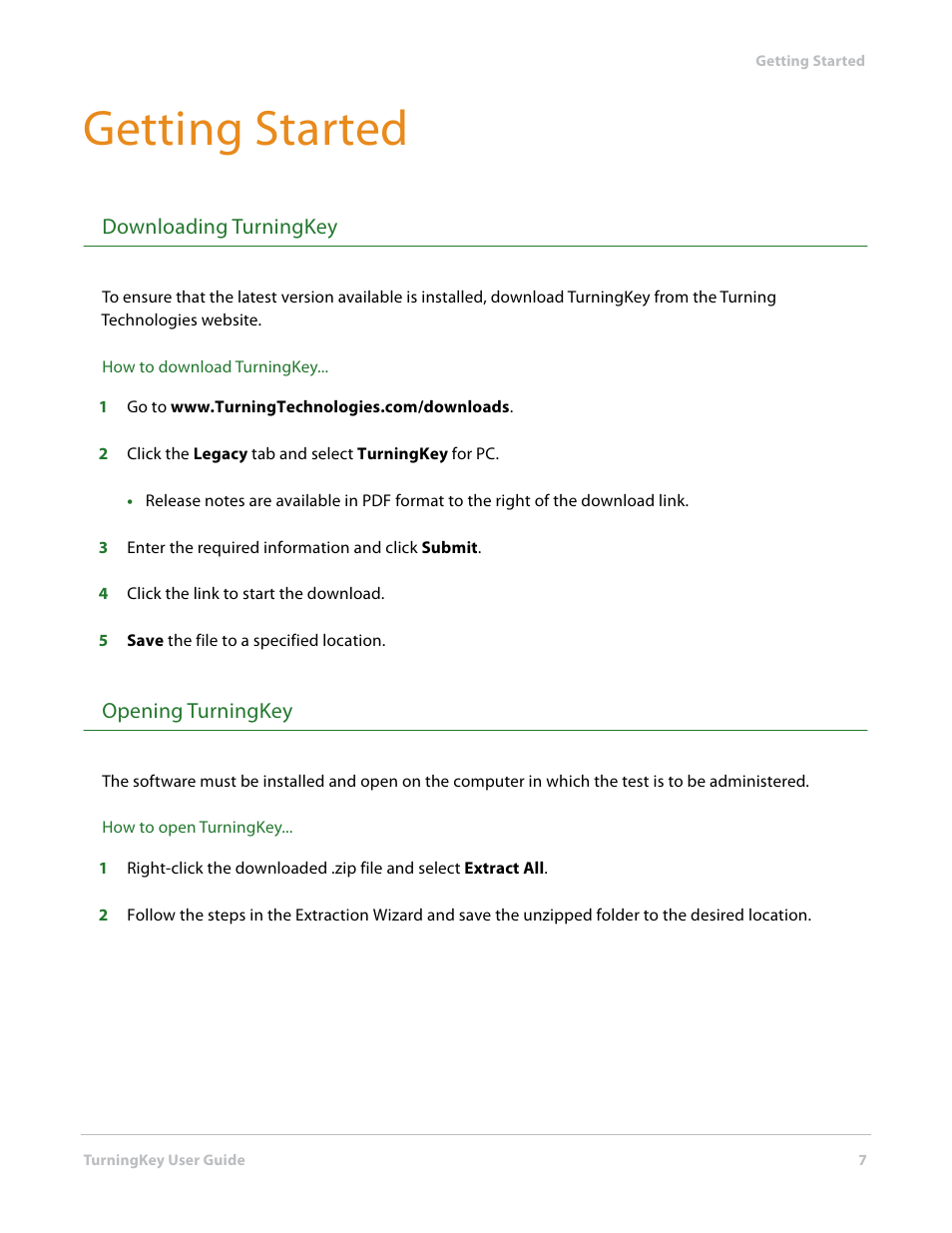 Getting started, Downloading turningkey, Opening turningkey | Downloading turningkey opening turningkey | Turning Technologies TurningKey User Manual | Page 7 / 35