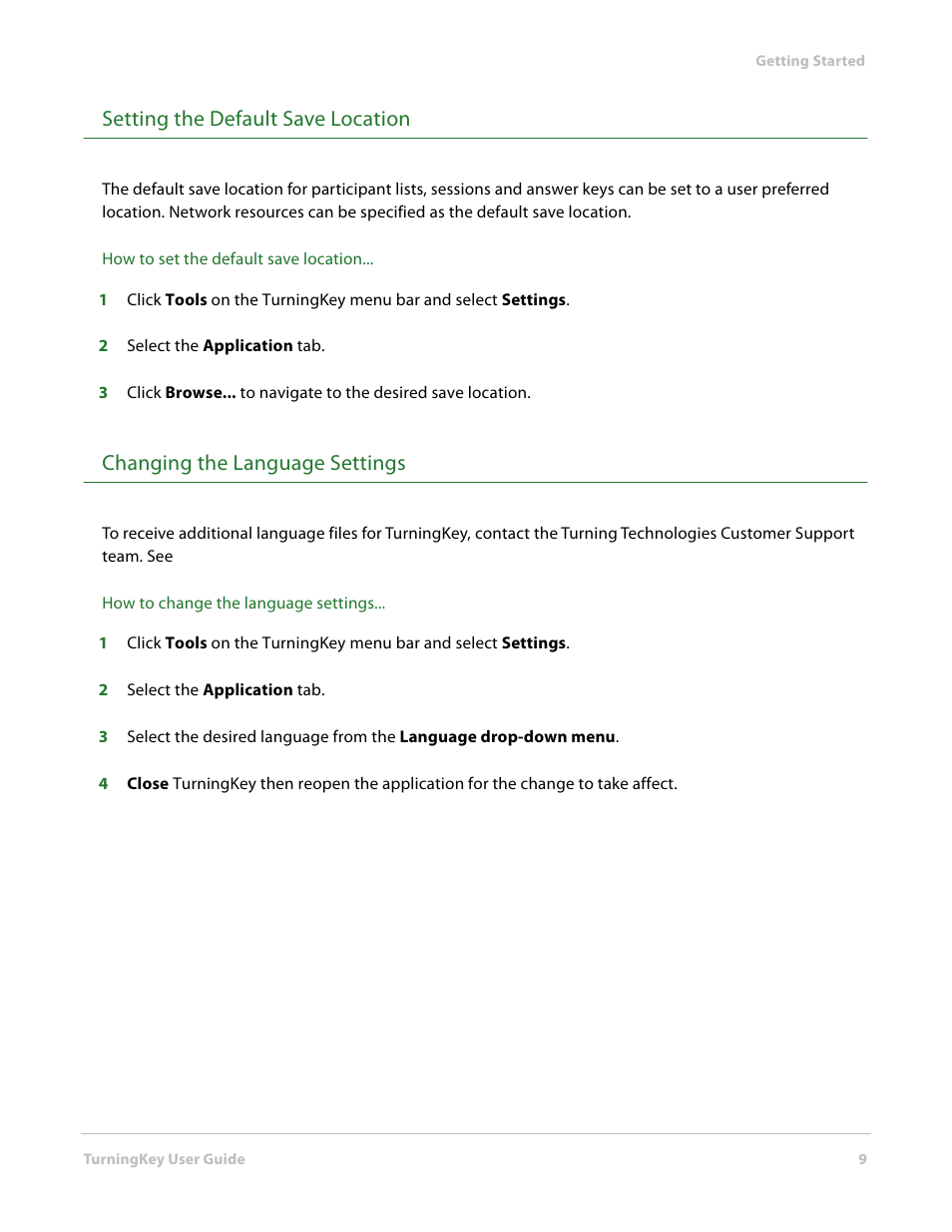 Setting the default save location, Changing the language settings | Turning Technologies TurningKey User Manual | Page 9 / 35