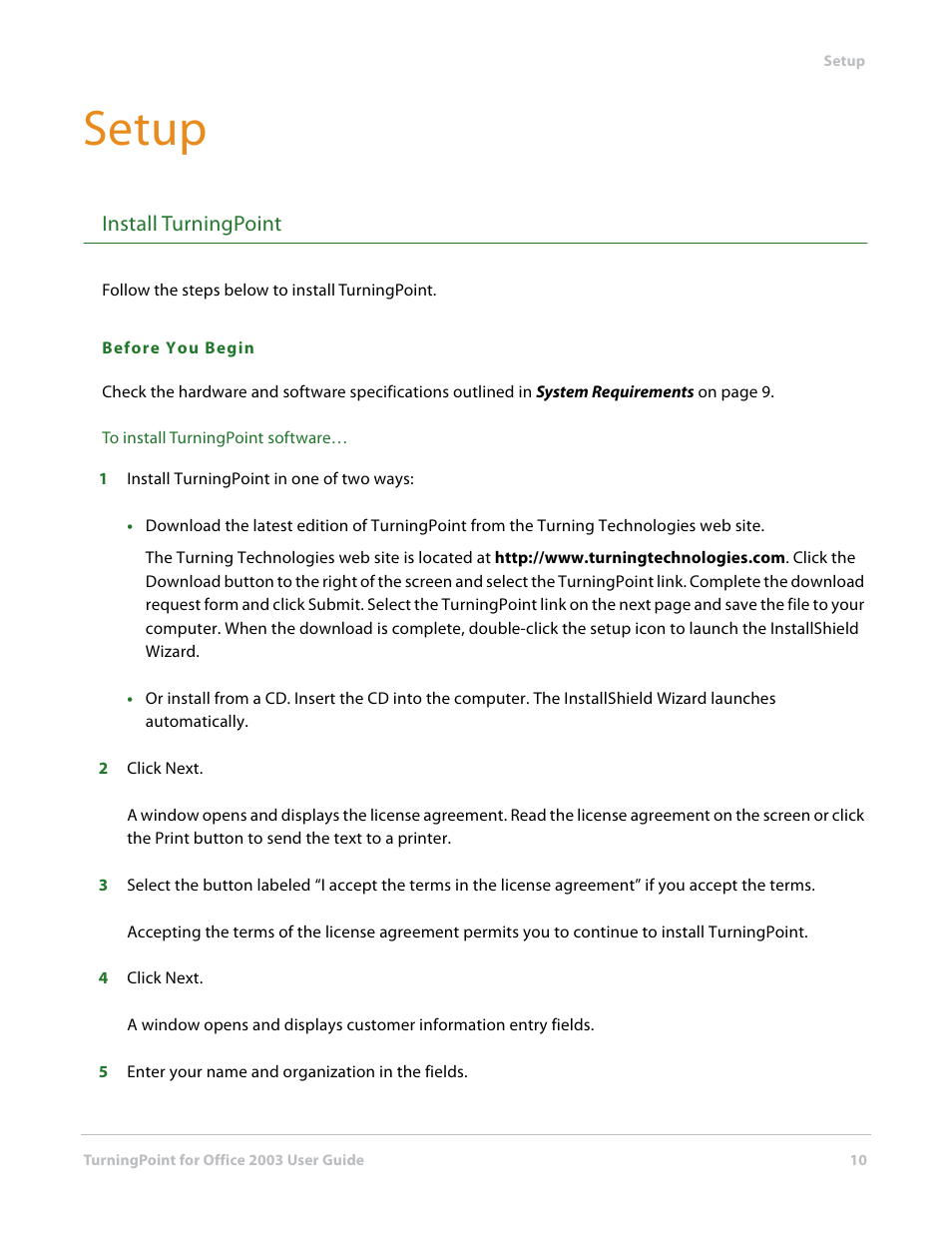 Setup, Install turningpoint, Setup install turningpoint | Turning Technologies TurningPoint User Manual | Page 10 / 277