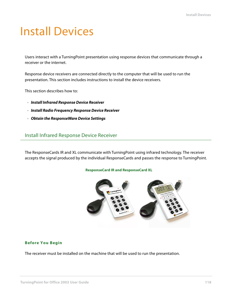 Install devices, Install infrared response device receiver | Turning Technologies TurningPoint User Manual | Page 118 / 277