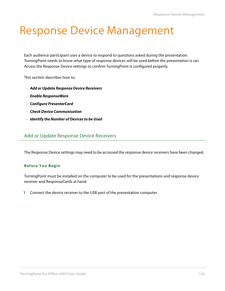 Response device management, Add or update response device receivers | Turning Technologies TurningPoint User Manual | Page 122 / 277