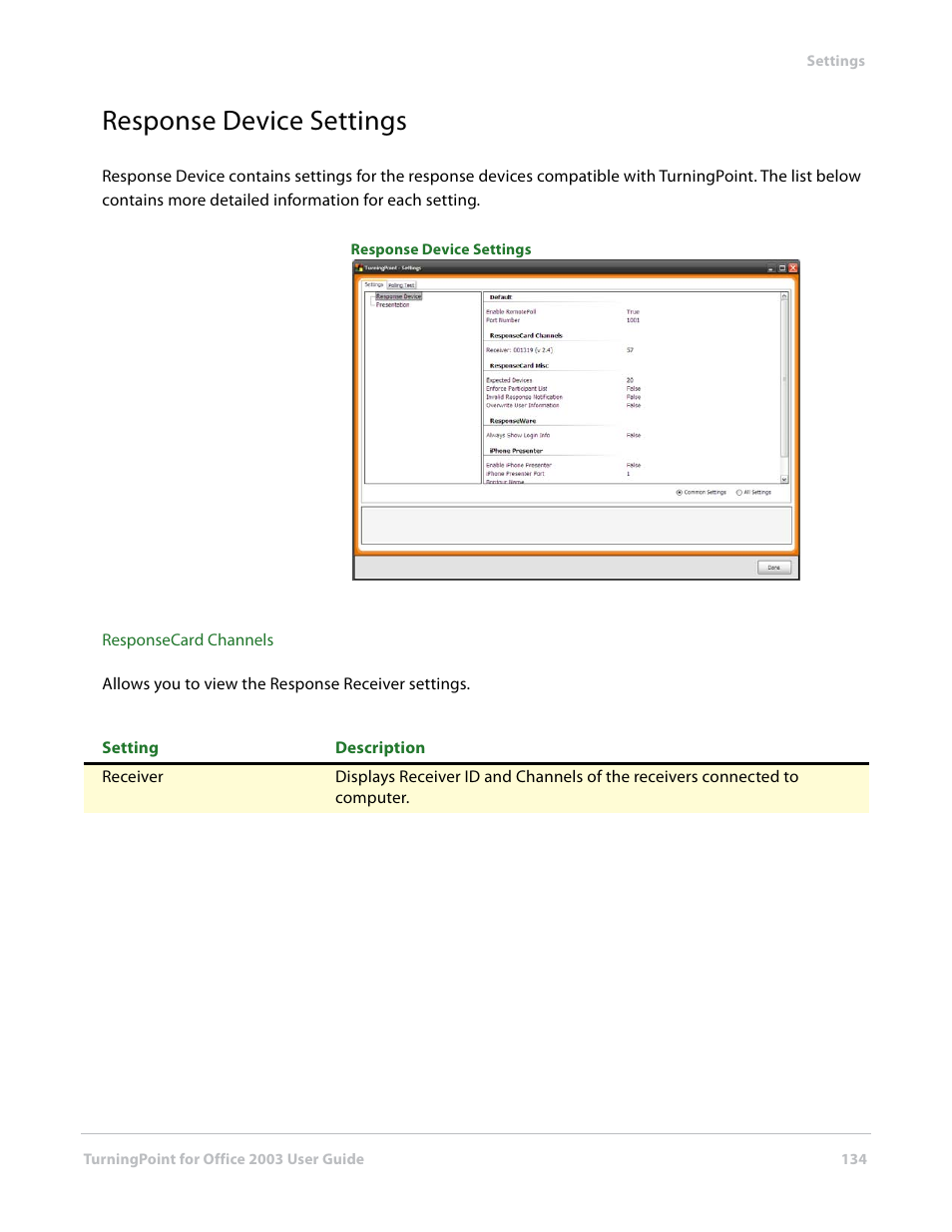 Response device settings | Turning Technologies TurningPoint User Manual | Page 134 / 277