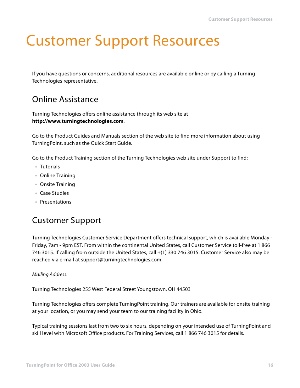 Customer support resources, Online assistance, Customer support | Turning Technologies TurningPoint User Manual | Page 16 / 277