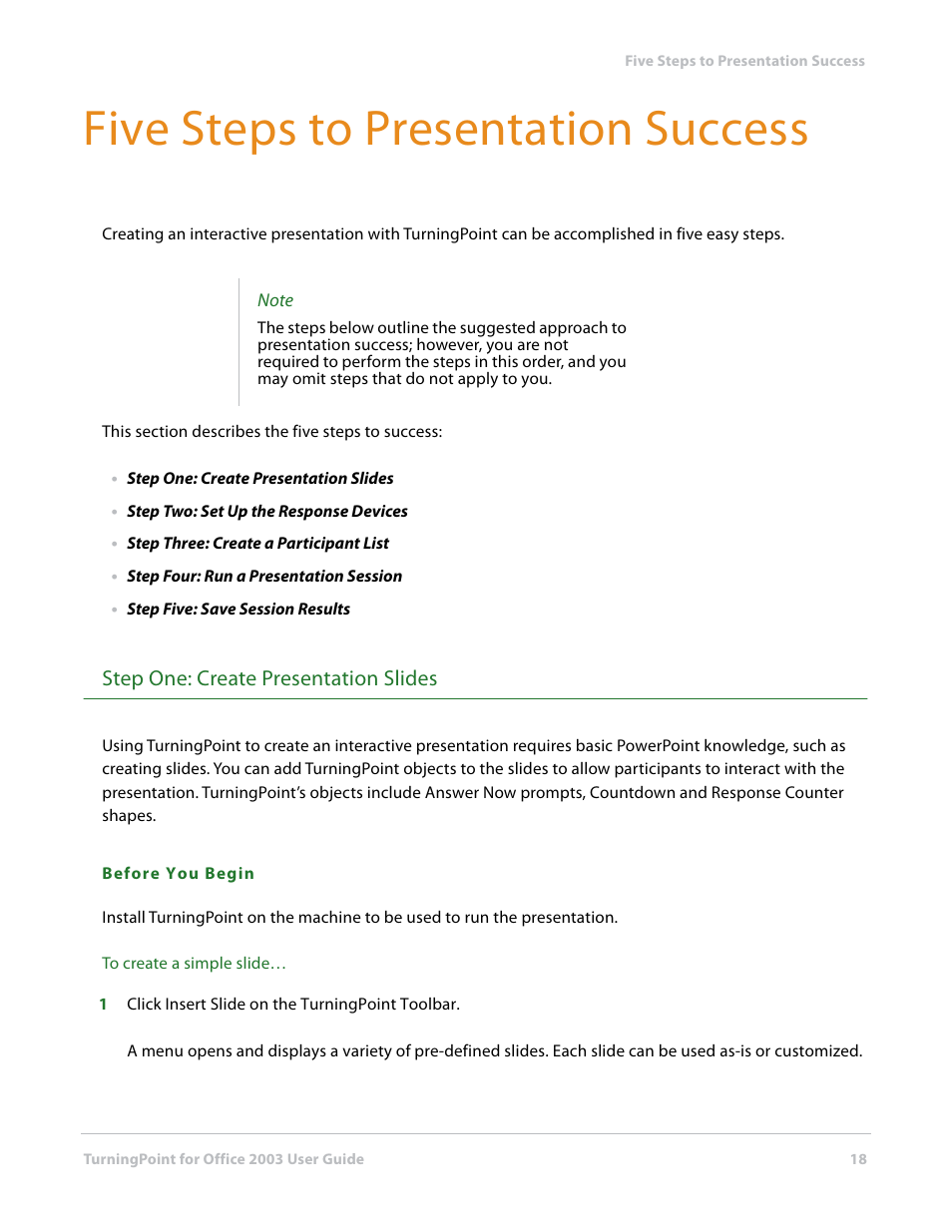 Five steps to presentation success, Step one: create presentation slides | Turning Technologies TurningPoint User Manual | Page 18 / 277