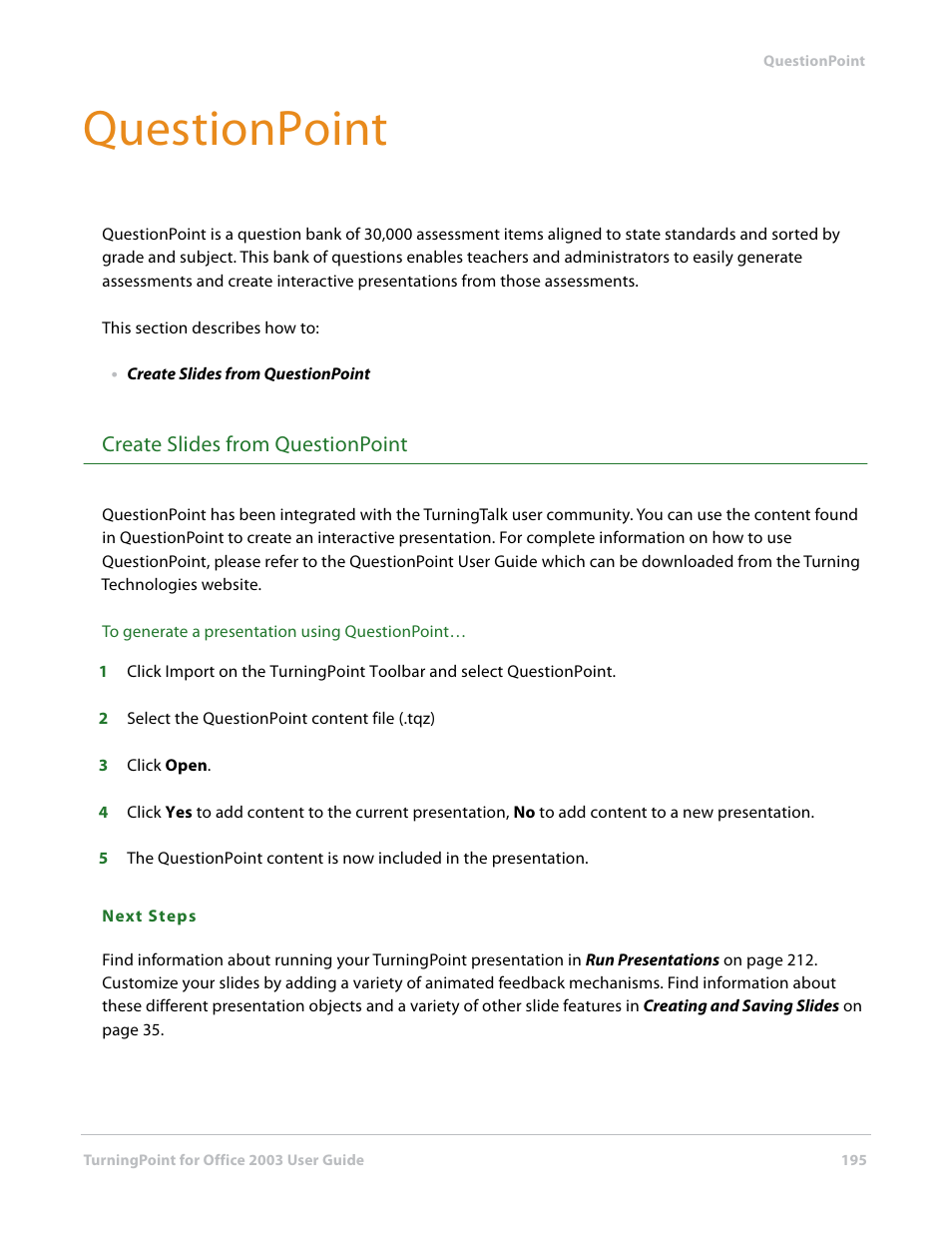 Questionpoint, Create slides from questionpoint | Turning Technologies TurningPoint User Manual | Page 195 / 277