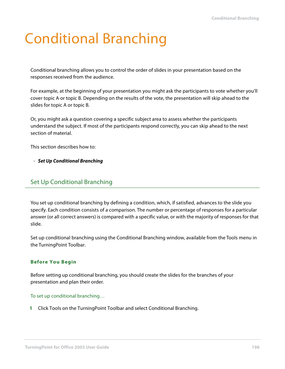 Conditional branching, Set up conditional branching | Turning Technologies TurningPoint User Manual | Page 196 / 277