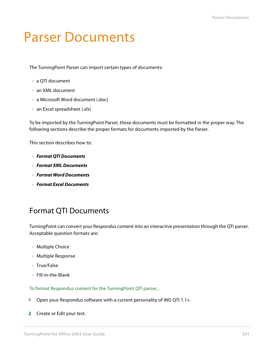 Parser documents, Format qti documents | Turning Technologies TurningPoint User Manual | Page 201 / 277