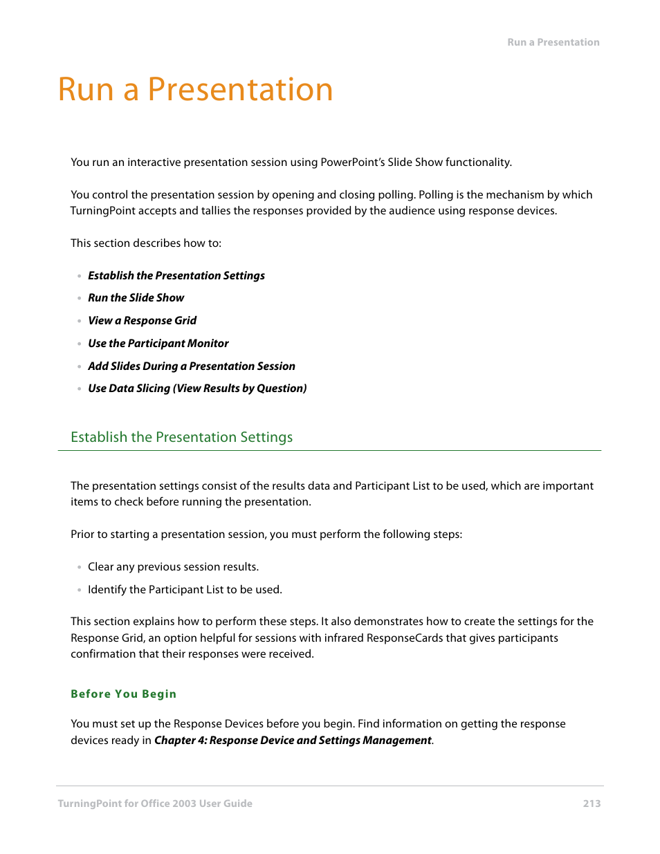 Run a presentation, Establish the presentation settings | Turning Technologies TurningPoint User Manual | Page 213 / 277