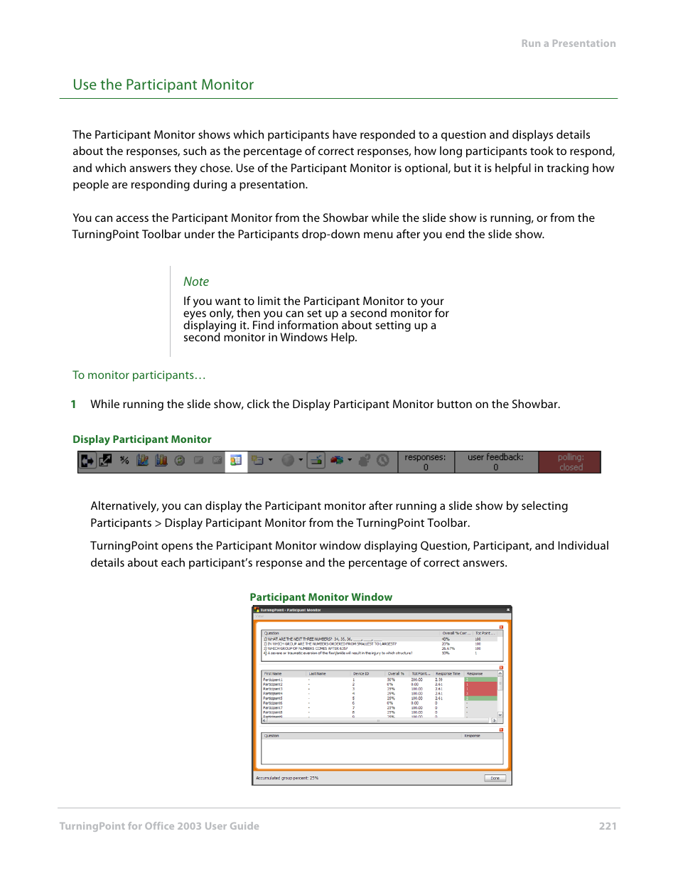 Use the participant monitor | Turning Technologies TurningPoint User Manual | Page 221 / 277