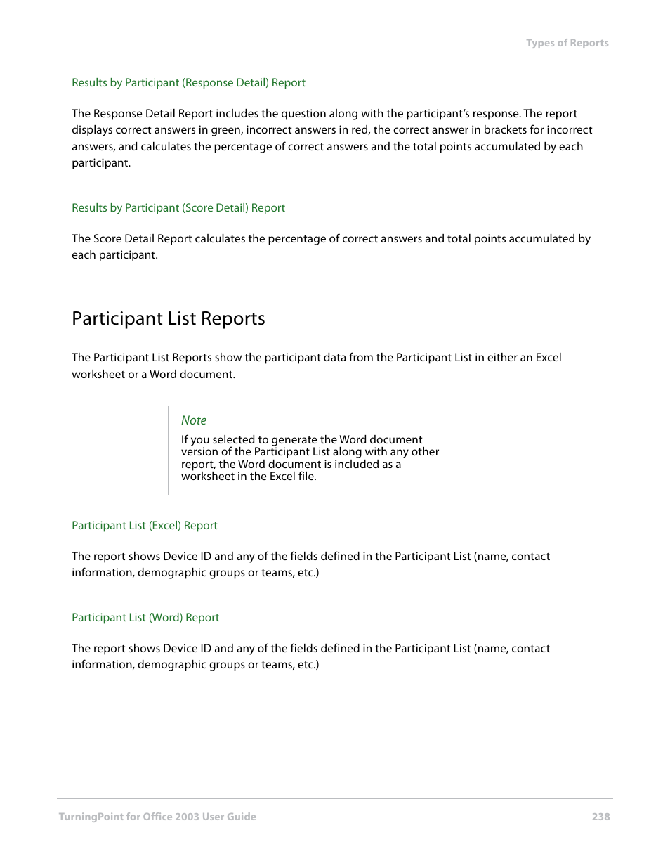 Participant list reports, Participant list reports (2 reports) | Turning Technologies TurningPoint User Manual | Page 238 / 277