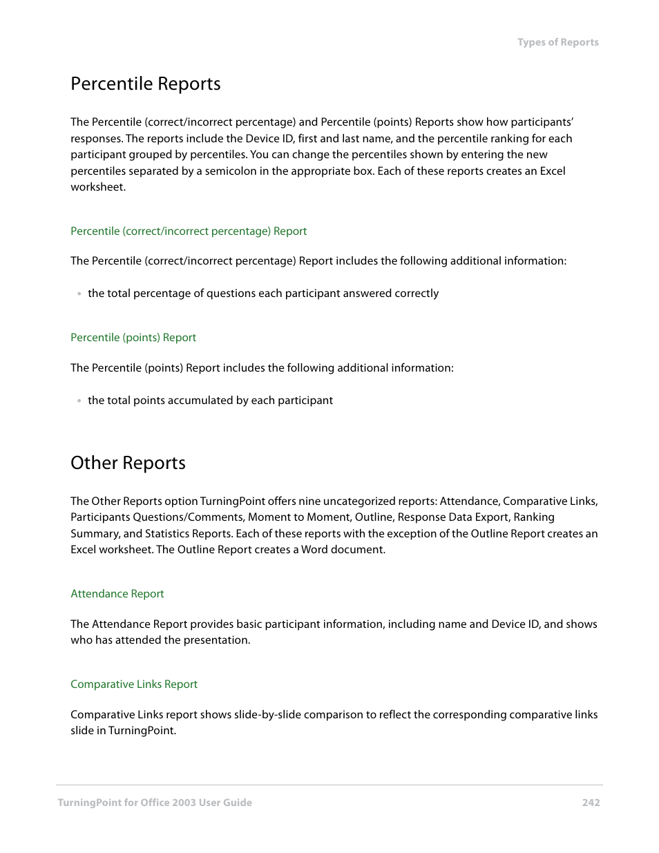 Percentile reports, Other reports, Percentile reports (2 reports) | Other reports (9 reports) | Turning Technologies TurningPoint User Manual | Page 242 / 277