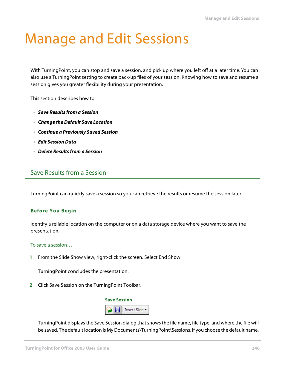 Manage and edit sessions, Save results from a session | Turning Technologies TurningPoint User Manual | Page 246 / 277