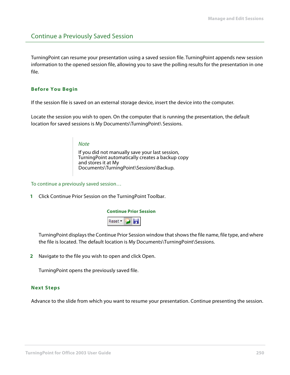 Continue a previously saved session | Turning Technologies TurningPoint User Manual | Page 250 / 277