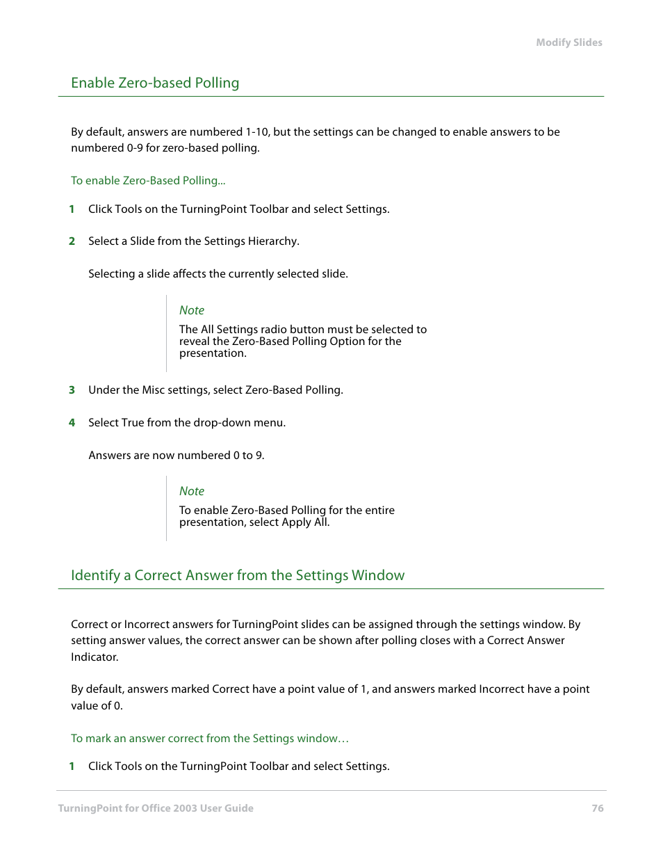 Enable zero-based polling, Identify a correct answer from the settings window | Turning Technologies TurningPoint User Manual | Page 76 / 277