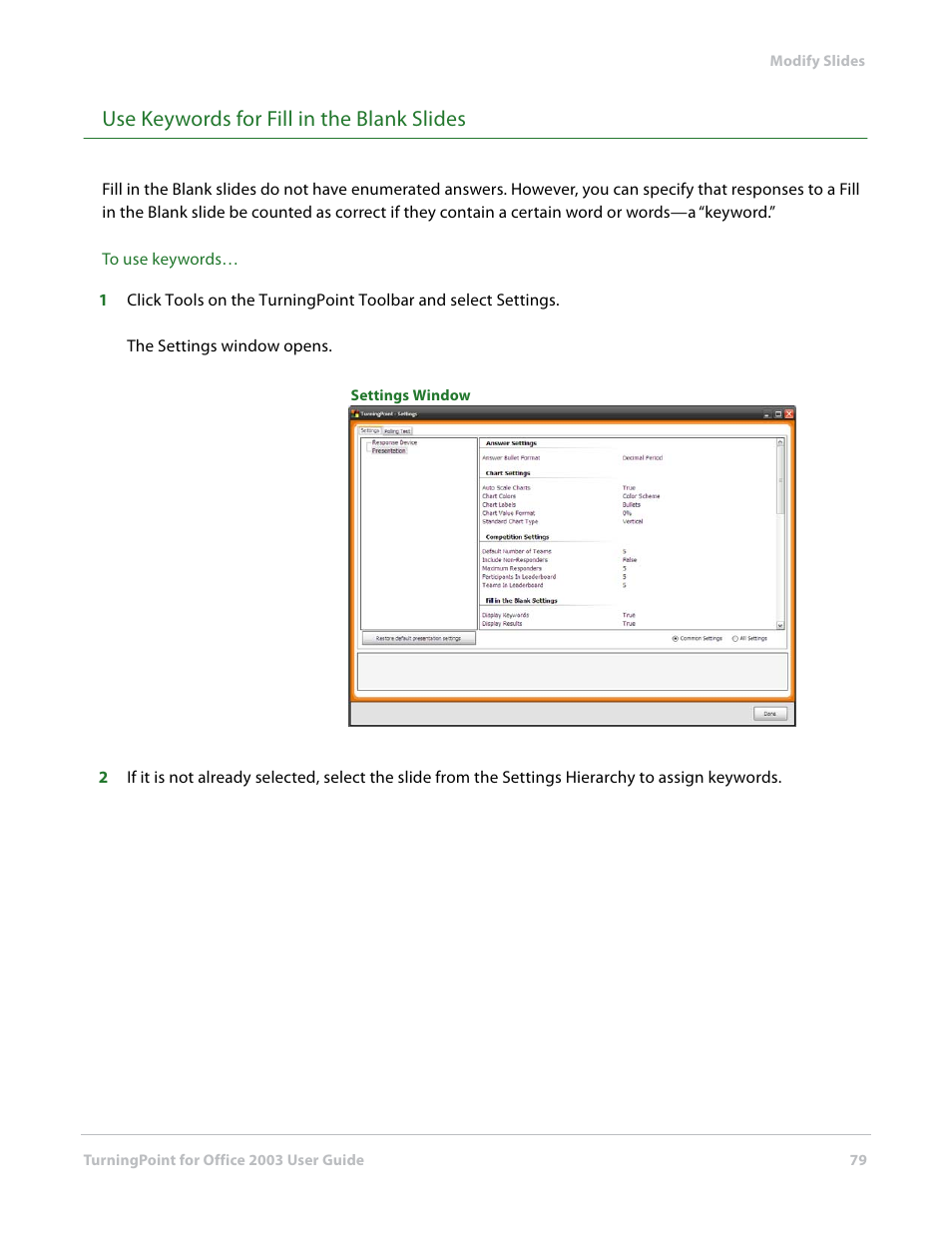 Use keywords for fill in the blank slides | Turning Technologies TurningPoint User Manual | Page 79 / 277