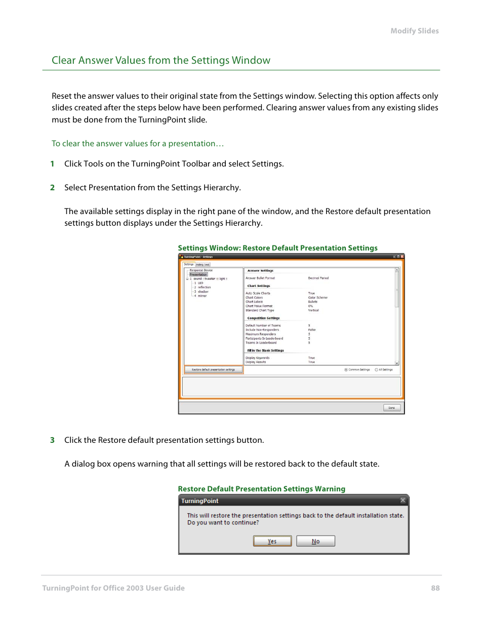 Clear answer values from the settings window | Turning Technologies TurningPoint User Manual | Page 88 / 277