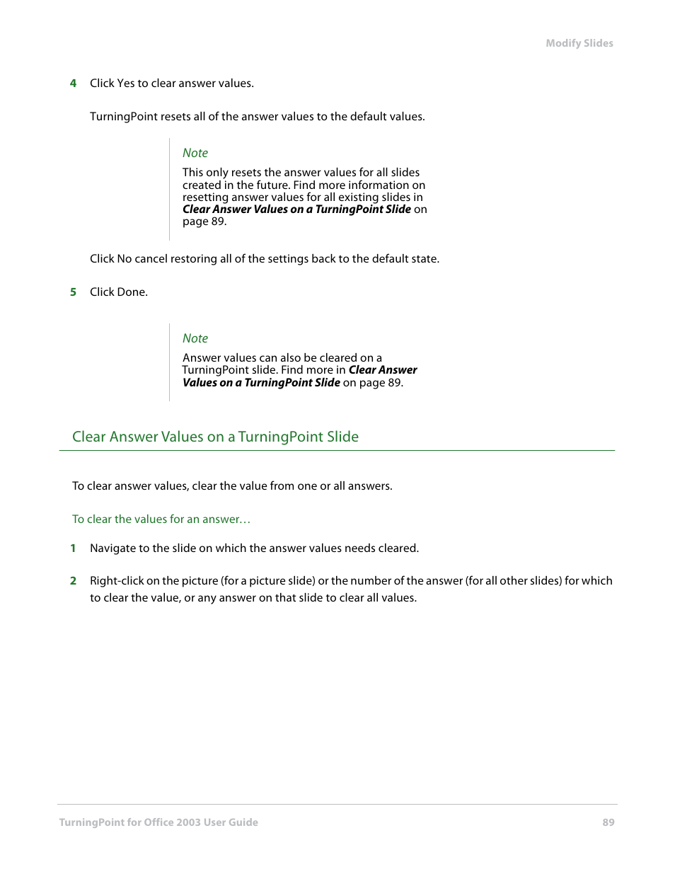 Clear answer values on a turningpoint slide | Turning Technologies TurningPoint User Manual | Page 89 / 277