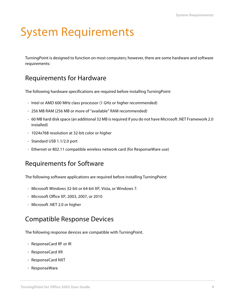 System requirements, Requirements for hardware, Requirements for software | Compatible response devices | Turning Technologies TurningPoint User Manual | Page 9 / 277