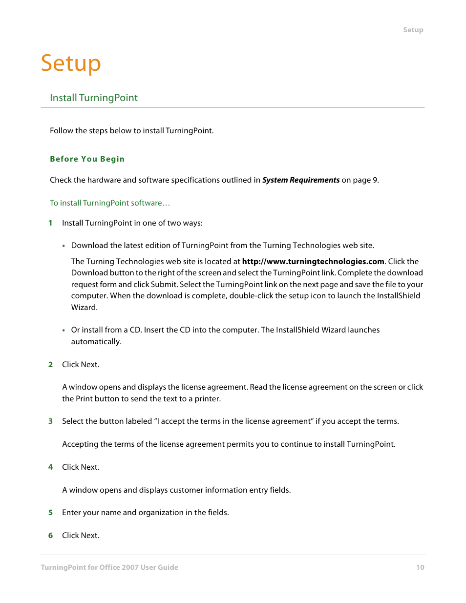 Setup, Install turningpoint, Setup install turningpoint | Turning Technologies TurningPoint User Manual | Page 10 / 282