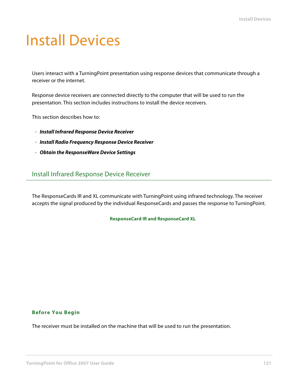 Install devices, Install infrared response device receiver | Turning Technologies TurningPoint User Manual | Page 121 / 282