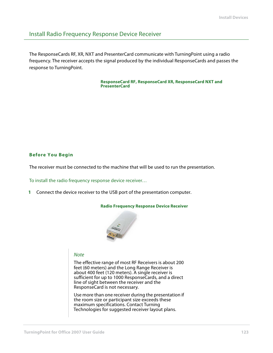 Install radio frequency response device receiver | Turning Technologies TurningPoint User Manual | Page 123 / 282