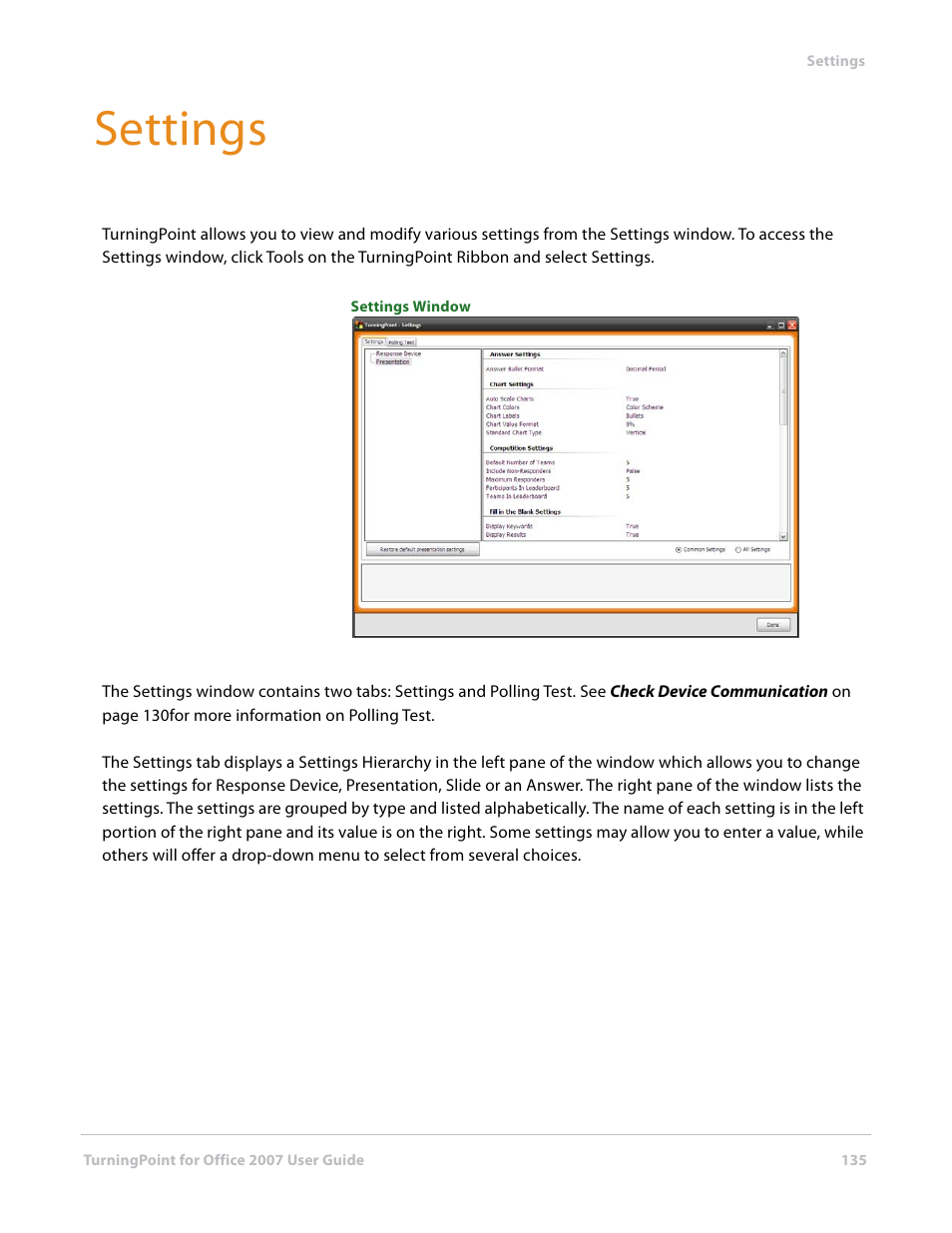 Settings | Turning Technologies TurningPoint User Manual | Page 135 / 282