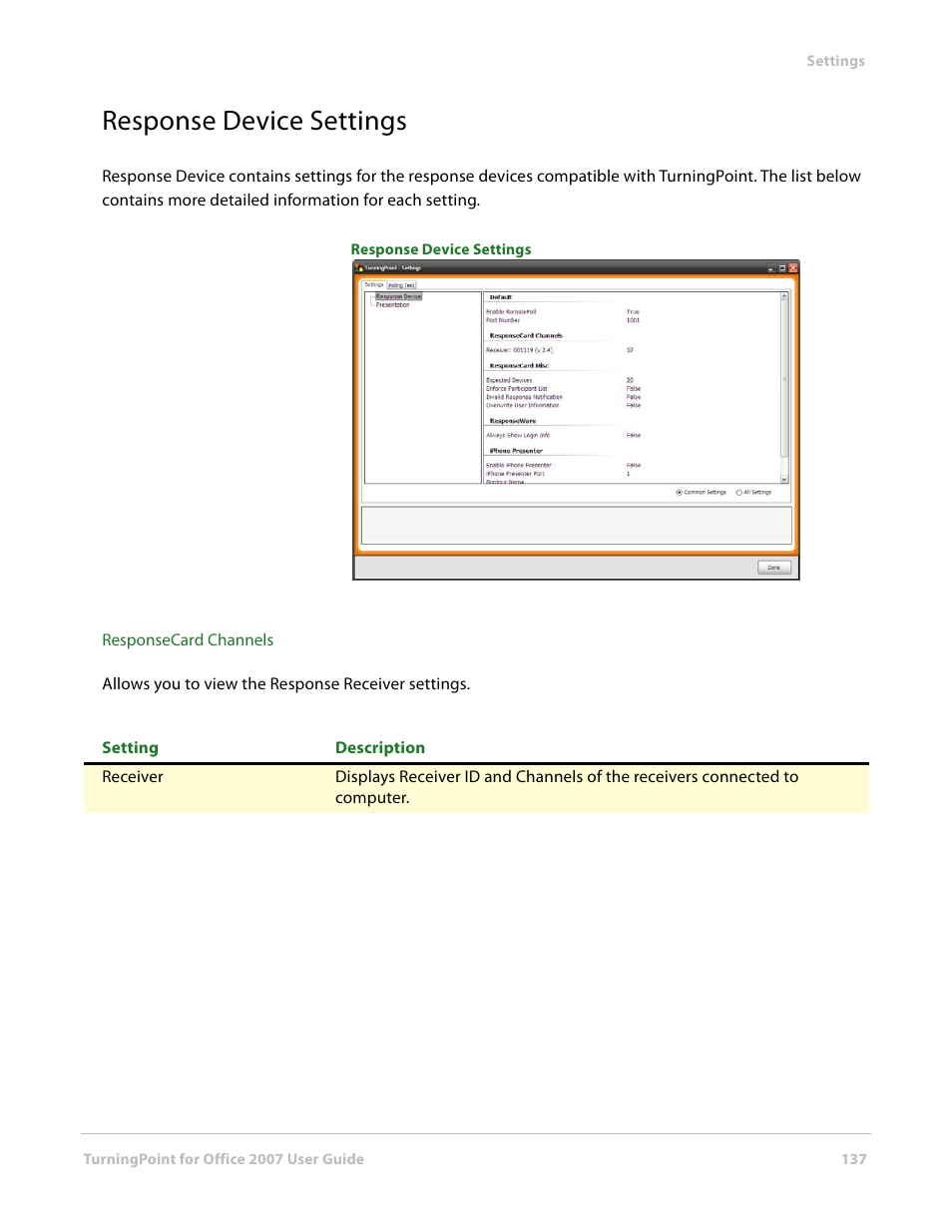 Response device settings | Turning Technologies TurningPoint User Manual | Page 137 / 282