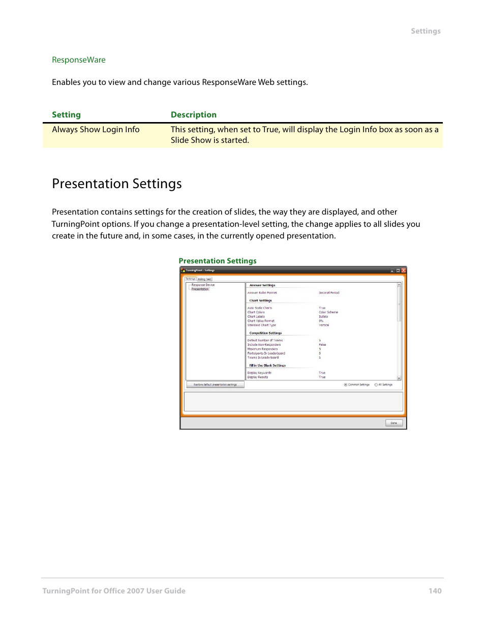 Presentation settings | Turning Technologies TurningPoint User Manual | Page 140 / 282