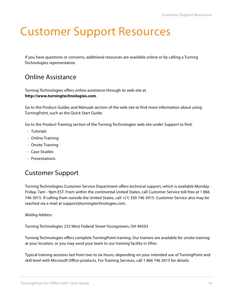 Customer support resources, Online assistance, Customer support | Turning Technologies TurningPoint User Manual | Page 16 / 282