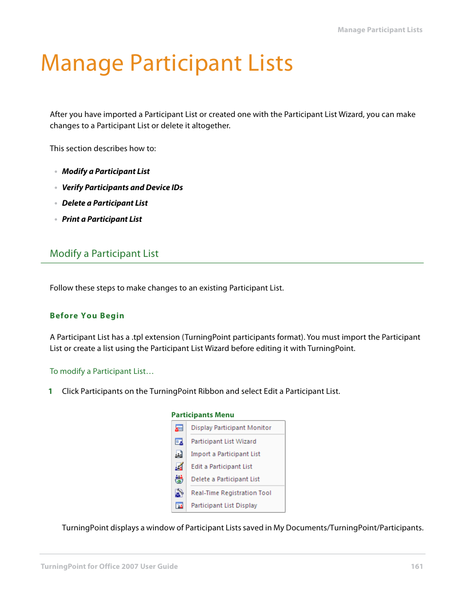 Manage participant lists, Modify a participant list | Turning Technologies TurningPoint User Manual | Page 161 / 282