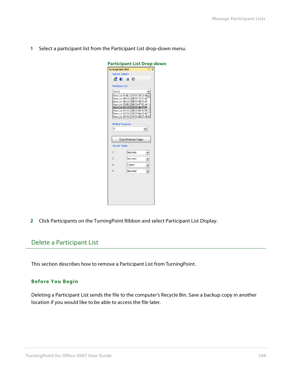 Delete a participant list | Turning Technologies TurningPoint User Manual | Page 169 / 282