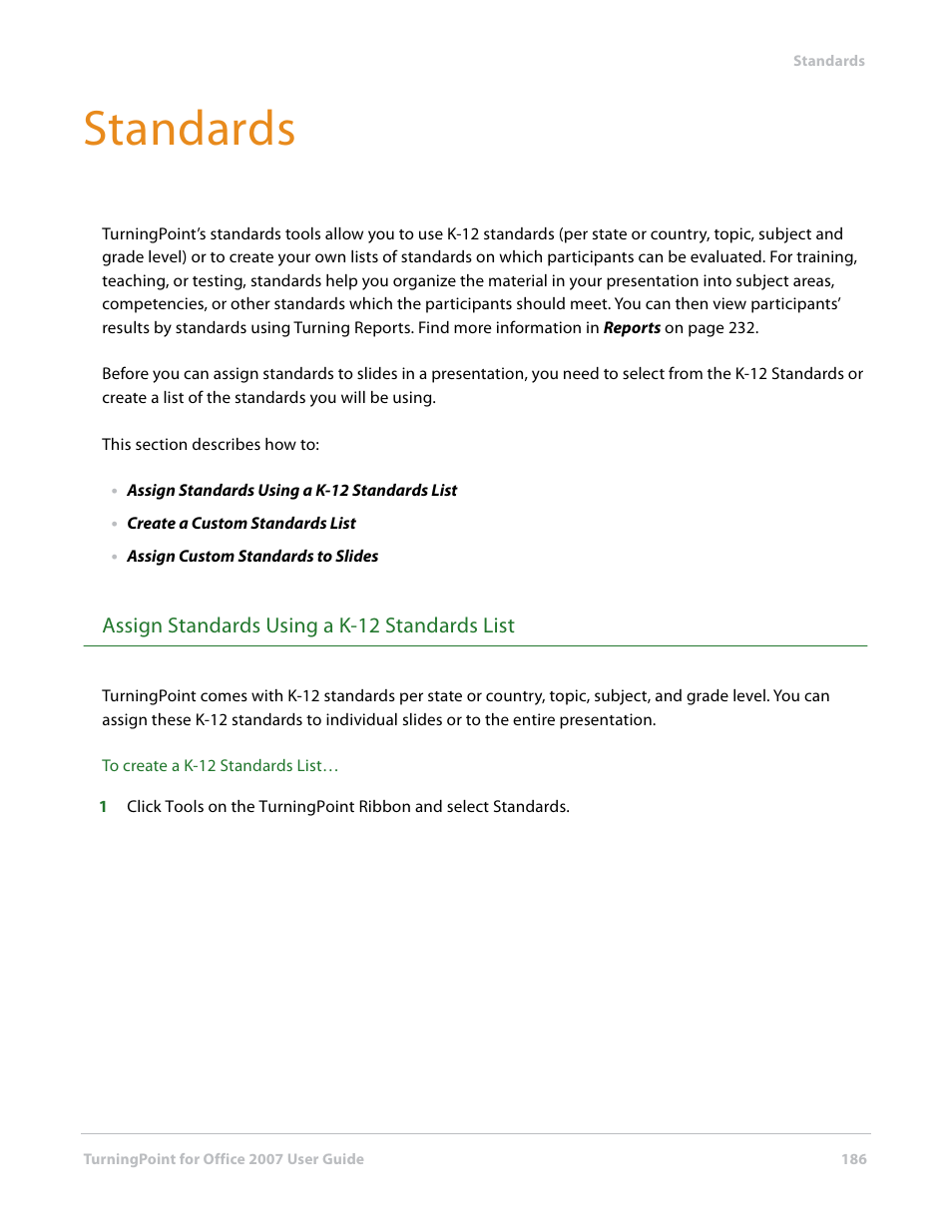 Standards, Assign standards using a k-12 standards list | Turning Technologies TurningPoint User Manual | Page 186 / 282