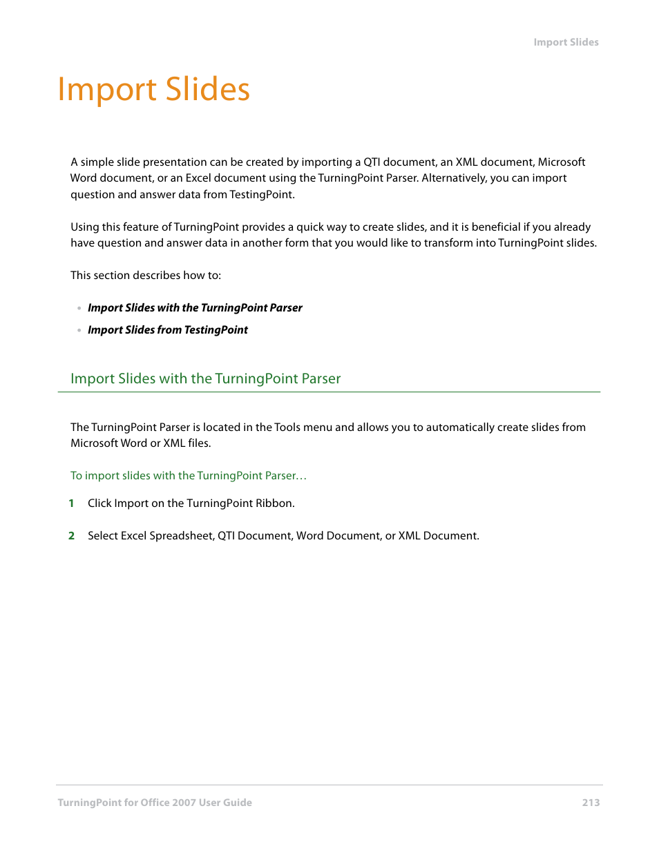 Import slides, Import slides with the turningpoint parser | Turning Technologies TurningPoint User Manual | Page 213 / 282