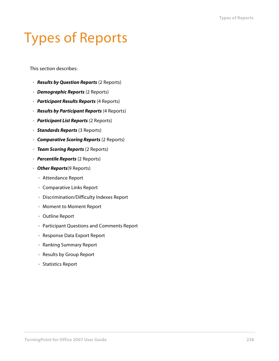 Types of reports | Turning Technologies TurningPoint User Manual | Page 238 / 282