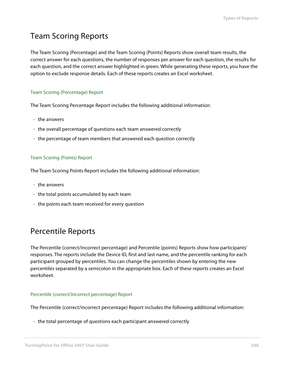 Team scoring reports, Percentile reports, Team scoring reports percentile reports | Percentile reports (2 reports) | Turning Technologies TurningPoint User Manual | Page 246 / 282