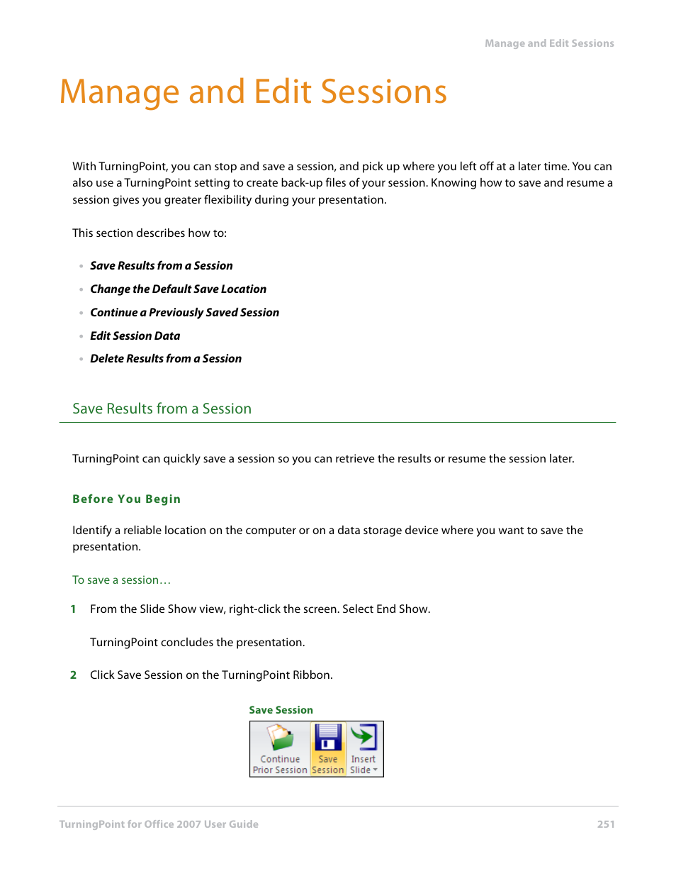 Manage and edit sessions, Save results from a session | Turning Technologies TurningPoint User Manual | Page 251 / 282