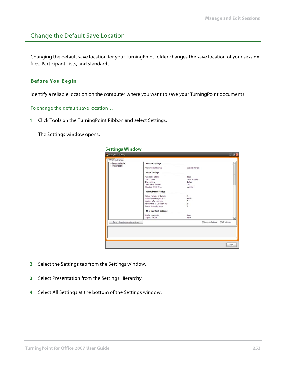 Change the default save location | Turning Technologies TurningPoint User Manual | Page 253 / 282