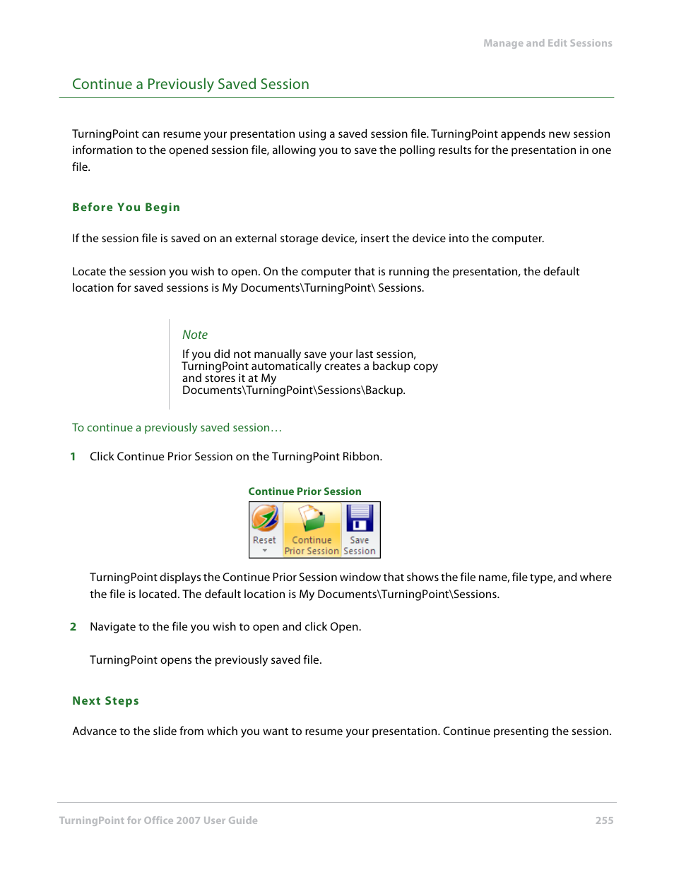 Continue a previously saved session | Turning Technologies TurningPoint User Manual | Page 255 / 282