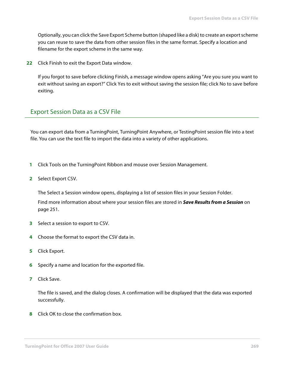 Export session data as a csv file | Turning Technologies TurningPoint User Manual | Page 269 / 282