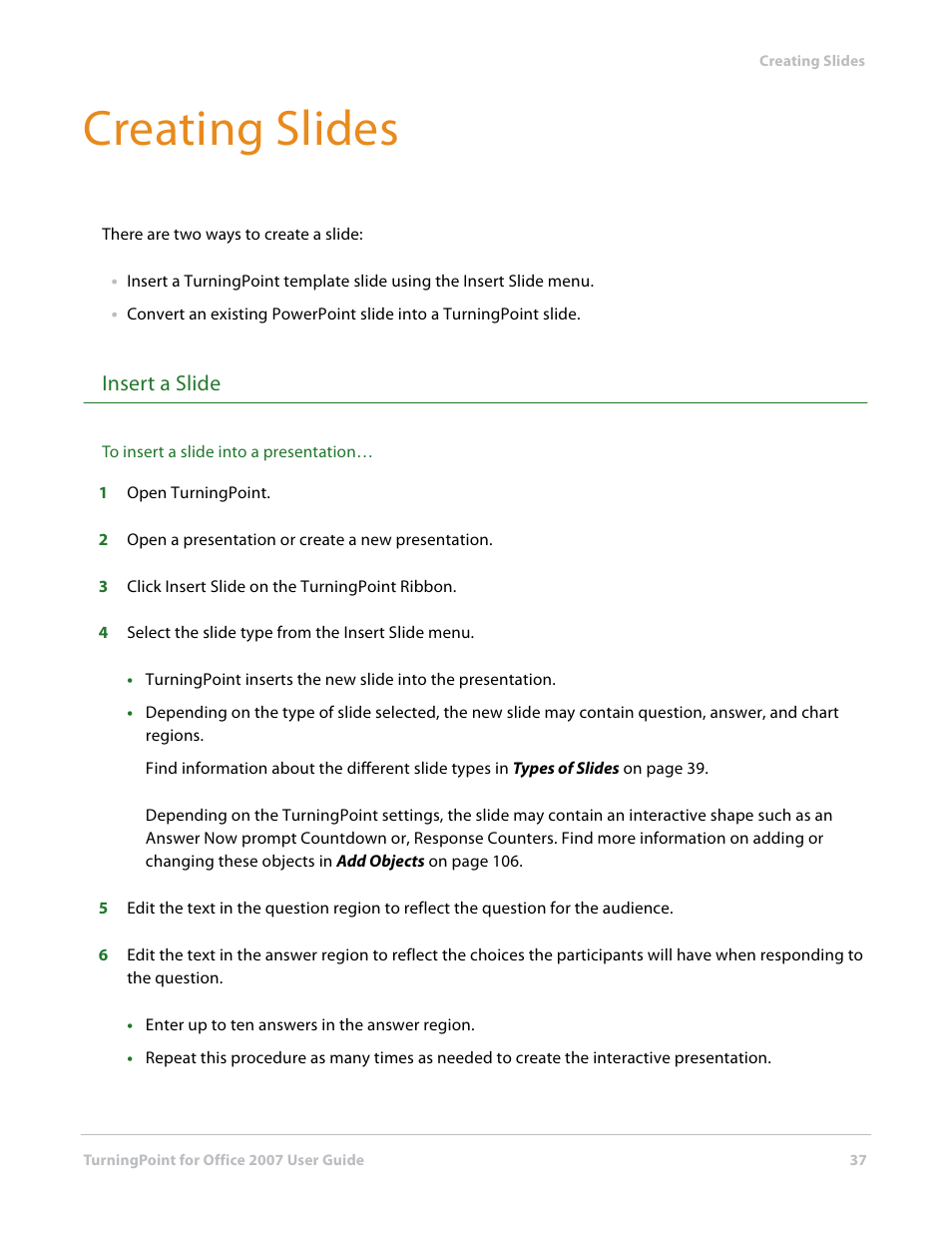 Creating slides, Insert a slide | Turning Technologies TurningPoint User Manual | Page 37 / 282