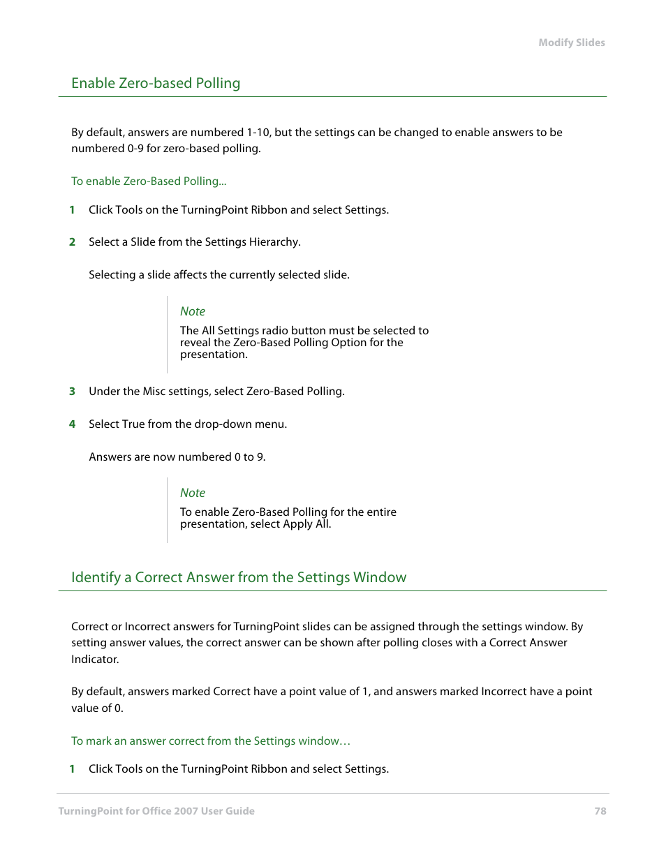 Enable zero-based polling, Identify a correct answer from the settings window | Turning Technologies TurningPoint User Manual | Page 78 / 282