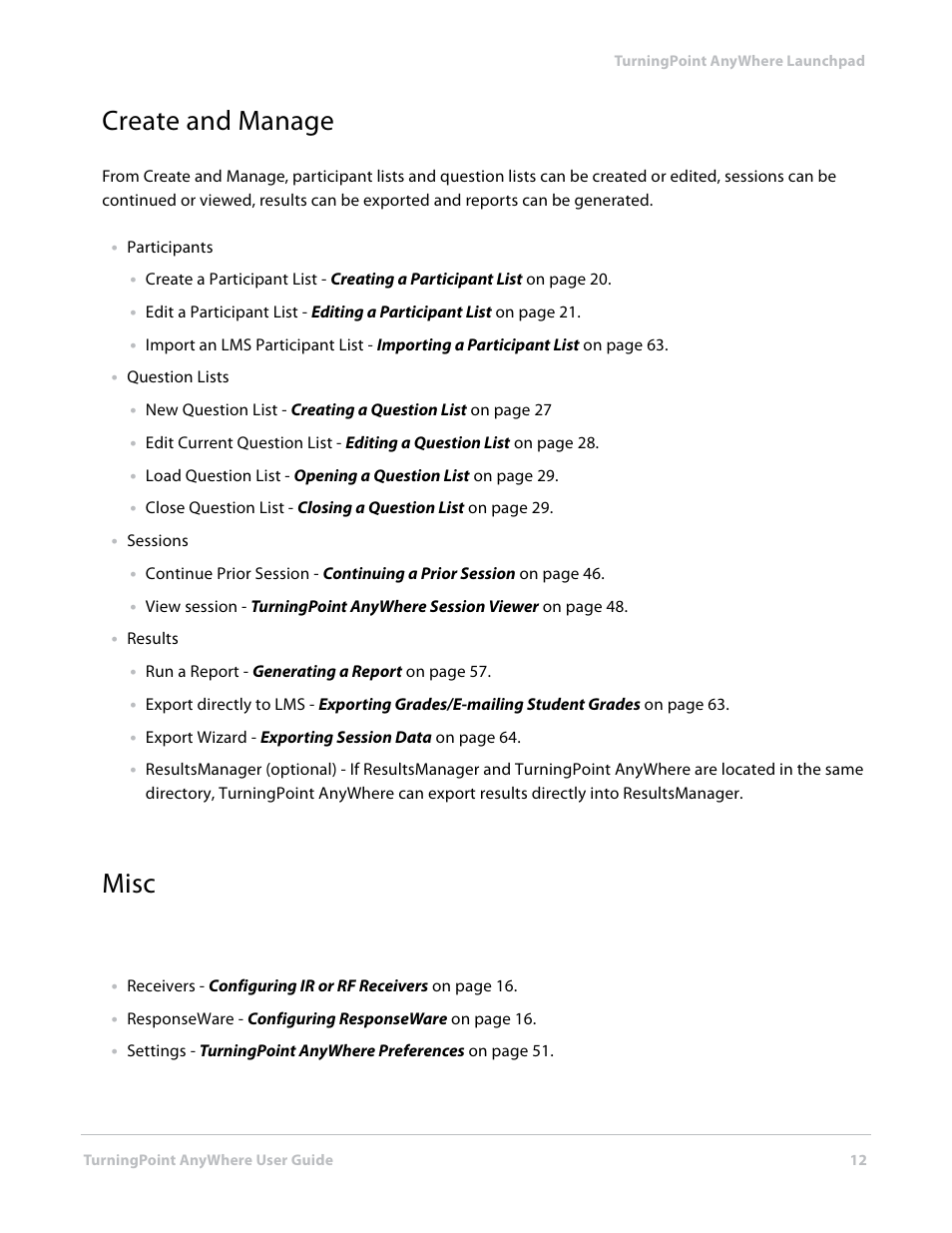 Create and manage, Misc, Create and manage misc | Turning Technologies TurningPoint AnyWhere User Manual | Page 12 / 70
