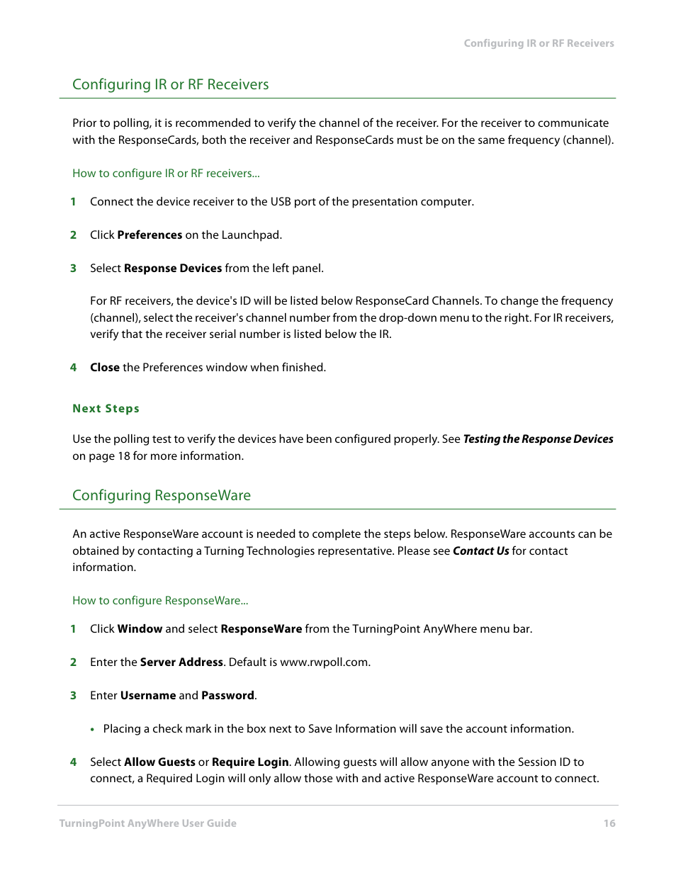 Configuring ir or rf receivers, Configuring responseware | Turning Technologies TurningPoint AnyWhere User Manual | Page 16 / 70