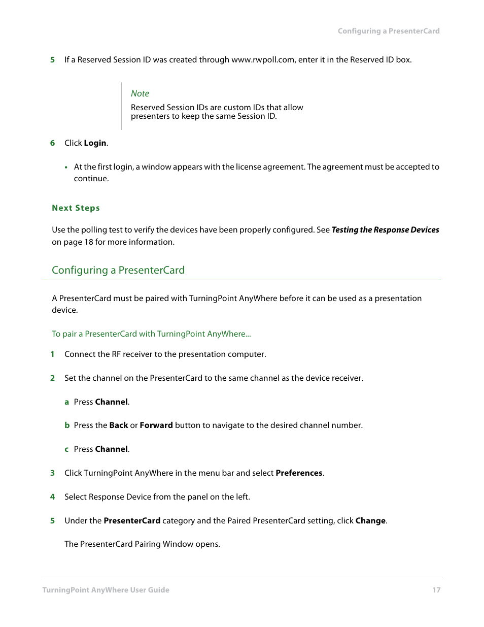Configuring a presentercard | Turning Technologies TurningPoint AnyWhere User Manual | Page 17 / 70