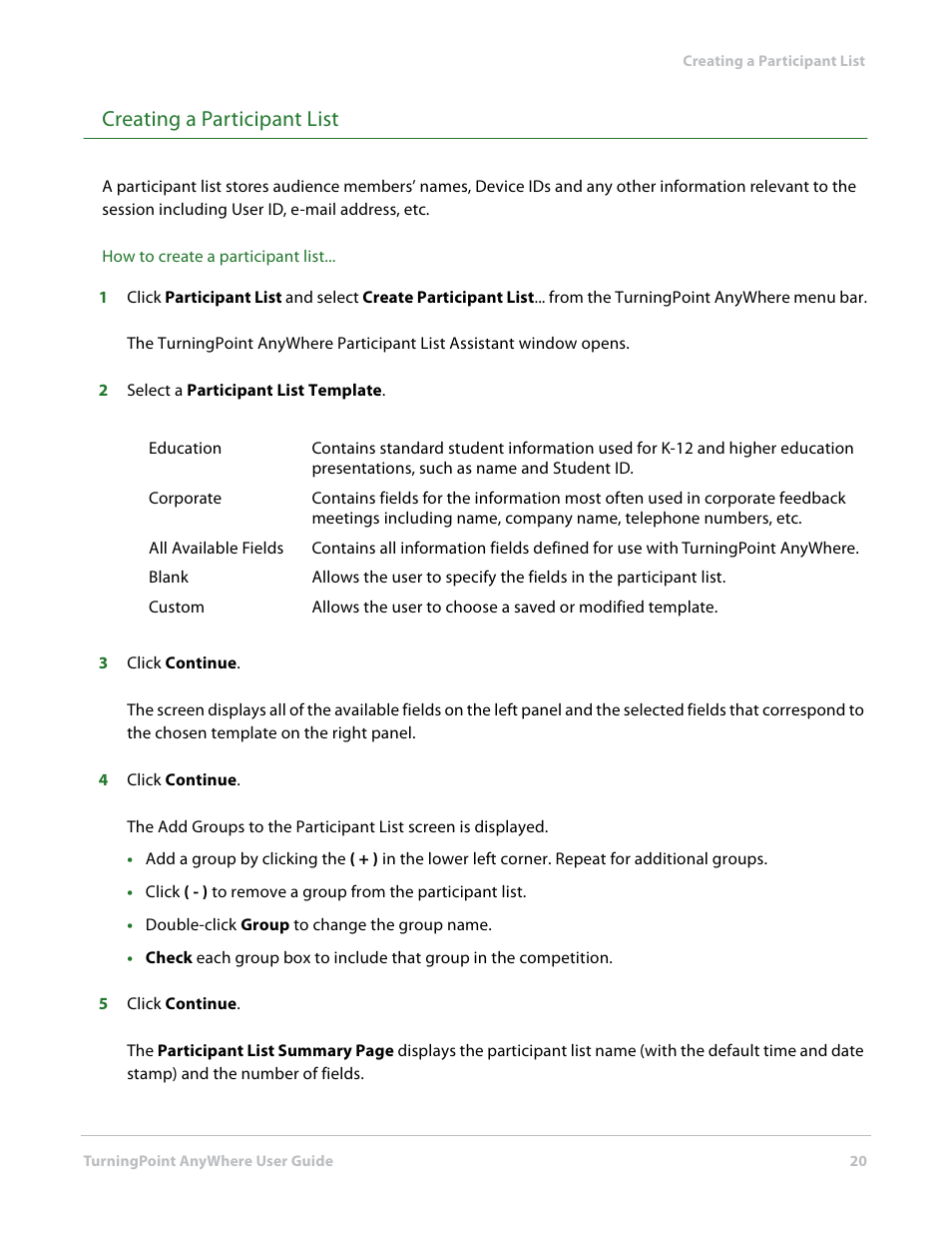 Creating a participant list | Turning Technologies TurningPoint AnyWhere User Manual | Page 20 / 70